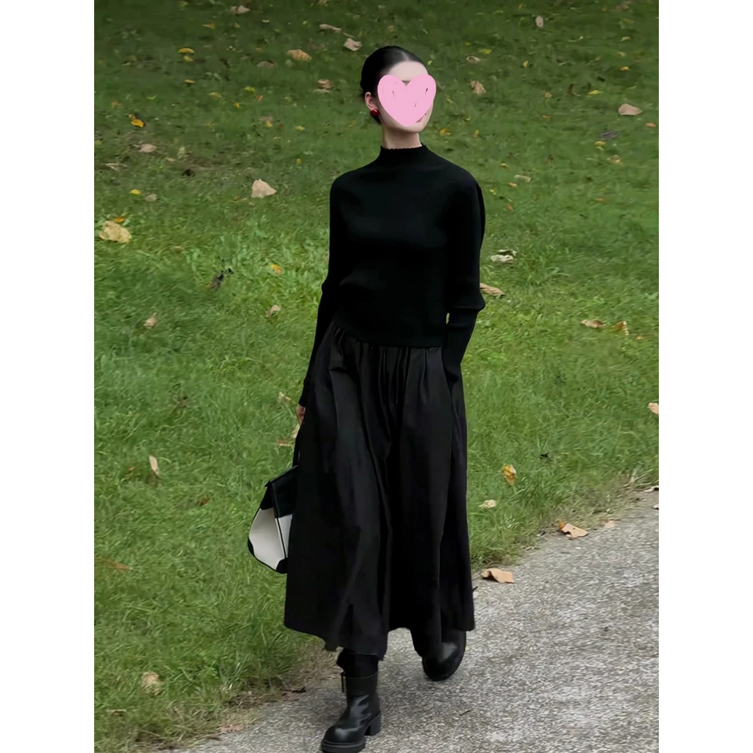 法式赫本风小黑裙套装女2025秋冬新款爆款T恤高腰半身裙两件套潮