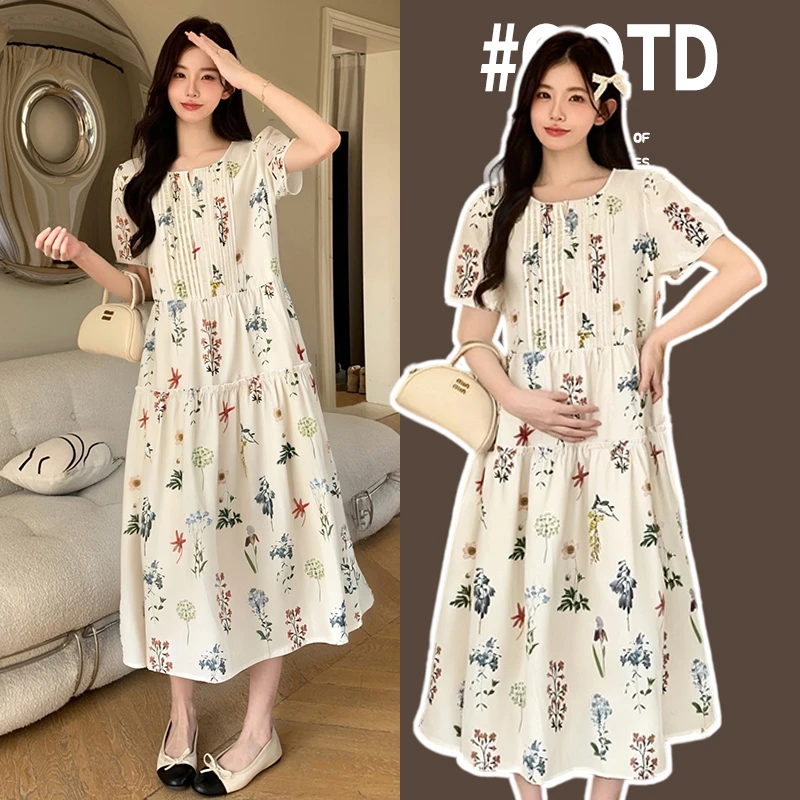 孕妇装夏装2025新款海岛繁花短袖碎花裙别致泡泡袖度假孕妇连衣裙