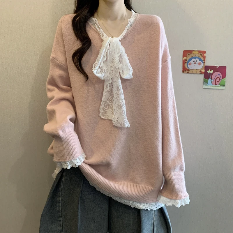 假两件韩系蕾丝V领毛衣女2025秋冬新款大码胖mm中长款针织衫上衣