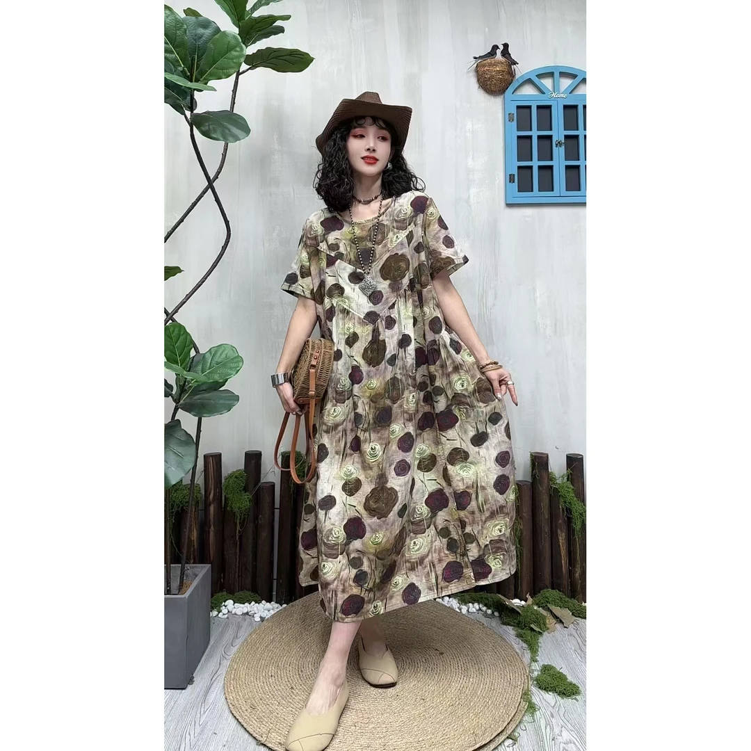 5044夏季新款清凉气质时尚复古遮肚宽松女显瘦百搭圆领休闲连衣裙