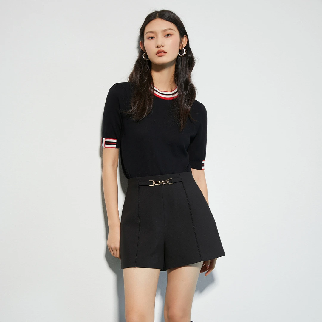 【许半夏推荐】百搭套头针织衫女秋季复古领口撞色设计感短袖