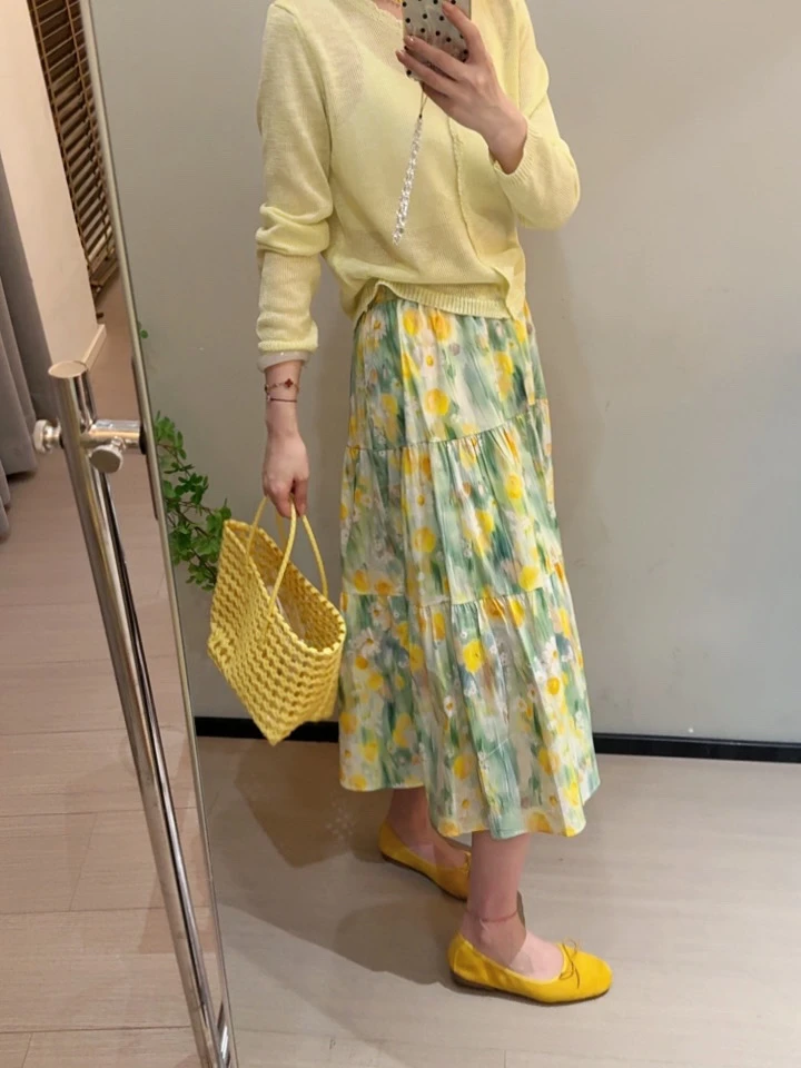 老赵服饰 小雏菊油画松紧腰半身裙 21AU3478