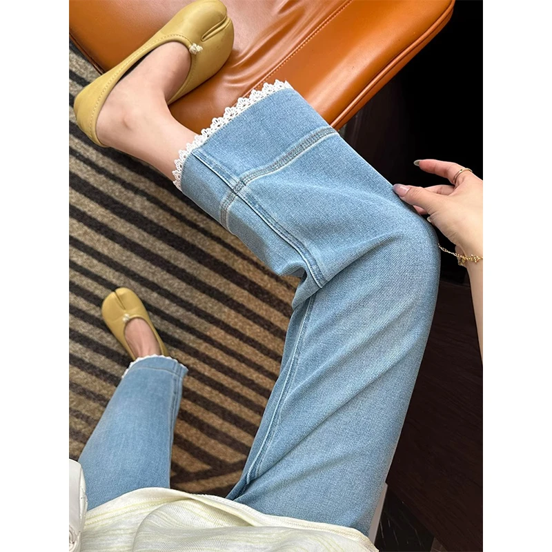 “腿型矫正器”蕾丝边九分阔腿牛仔裤女2025新款秋季宽松直筒奶奶裤