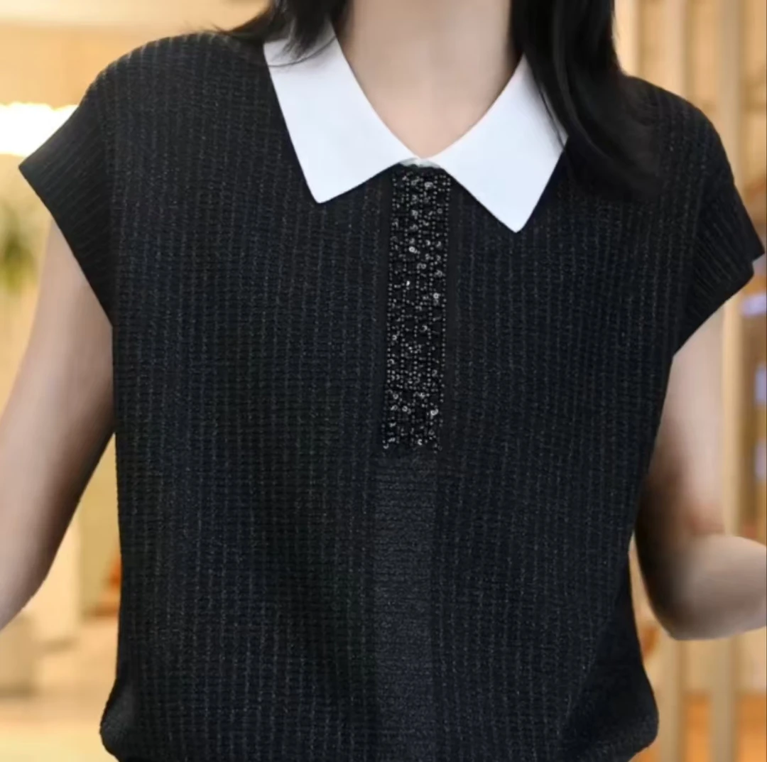 2025女夏季翻领上衣女透气冰丝显瘦百搭休闲针织衫