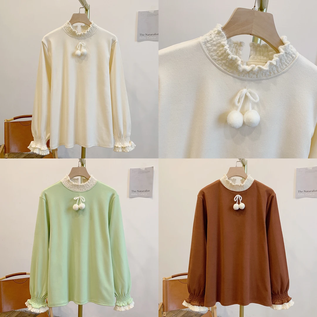 雪球樱桃C5088磨毛德绒蝴蝶结毛球蕾丝拼接立领长袖T恤