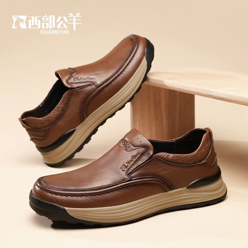 西部公羊防滑软底休闲皮鞋爸爸鞋单鞋一脚蹬透气舒适通勤手工男鞋