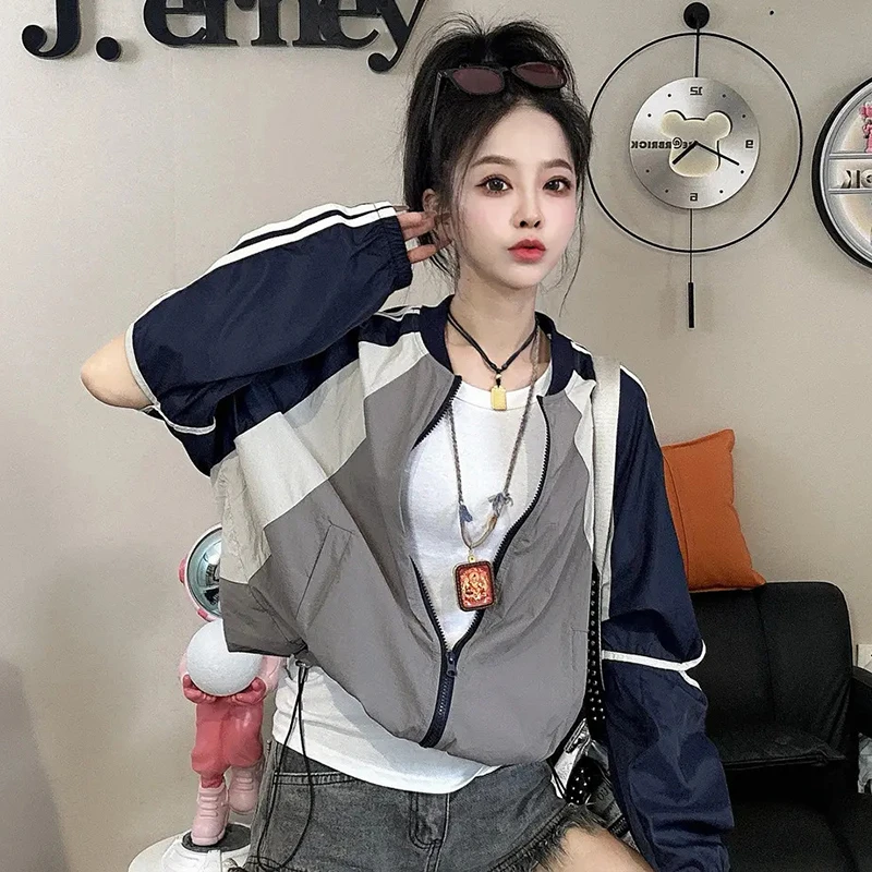 美式复古撞色外套女士2025年夏季新款休闲拼接宽松薄款防晒上衣潮