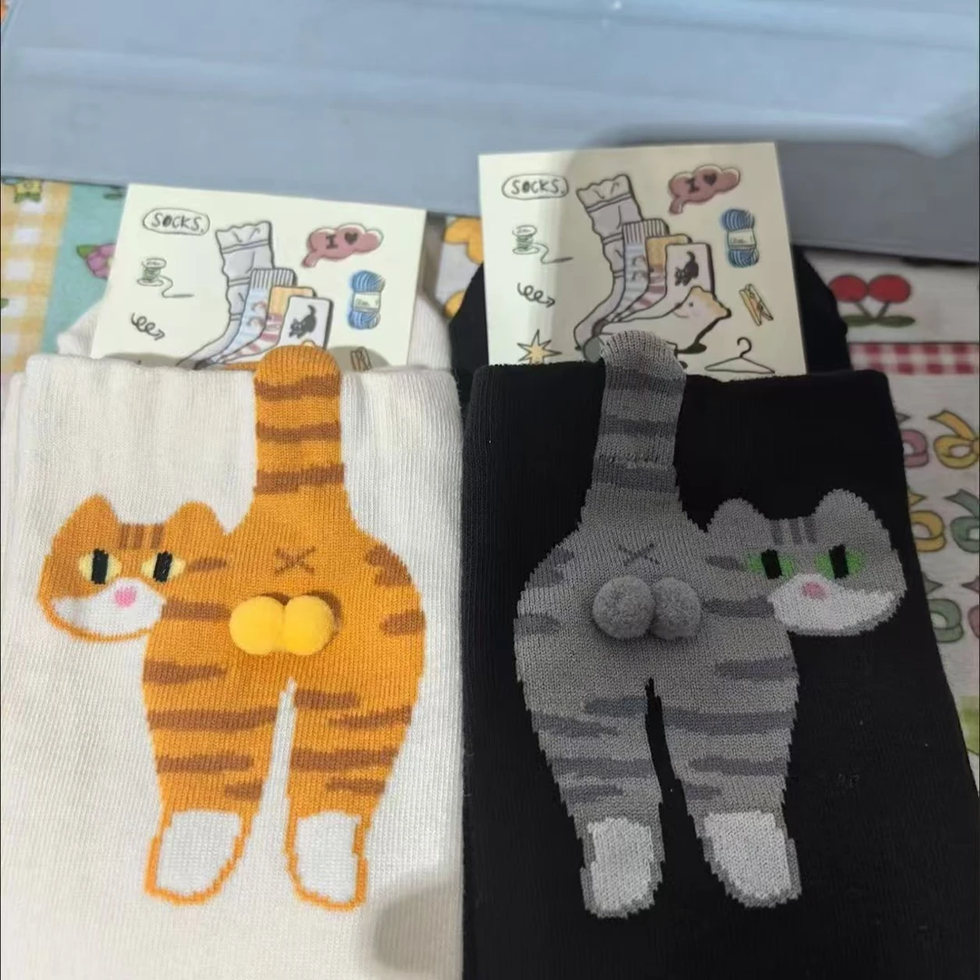 【新款】白色卡通猫咪叮叮当蛋蛋袜子女夏季ins可爱搞怪中筒袜A165