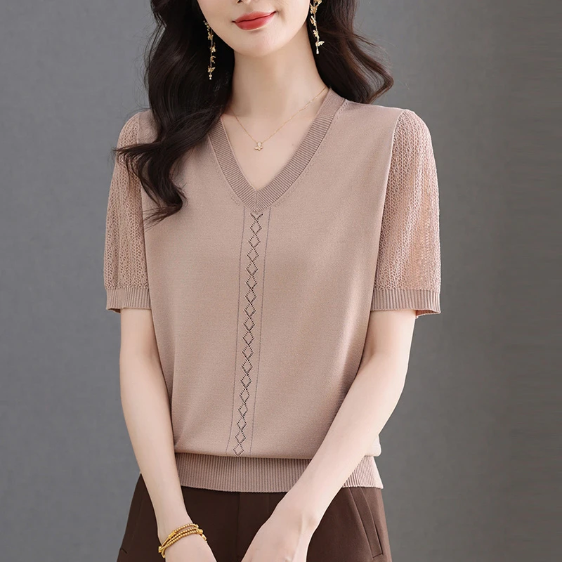 天丝针织衫短袖t恤女装2025新款年轻妈妈夏装时尚洋气V领上衣气质