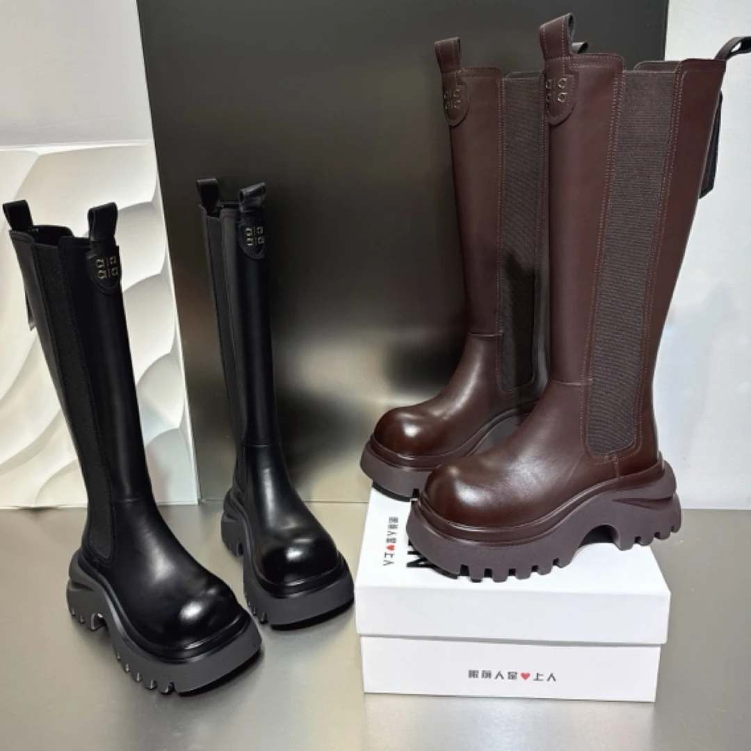 【眼前人】7cm厚底增高筒骑士靴女2025秋季新款显瘦不过膝长筒靴