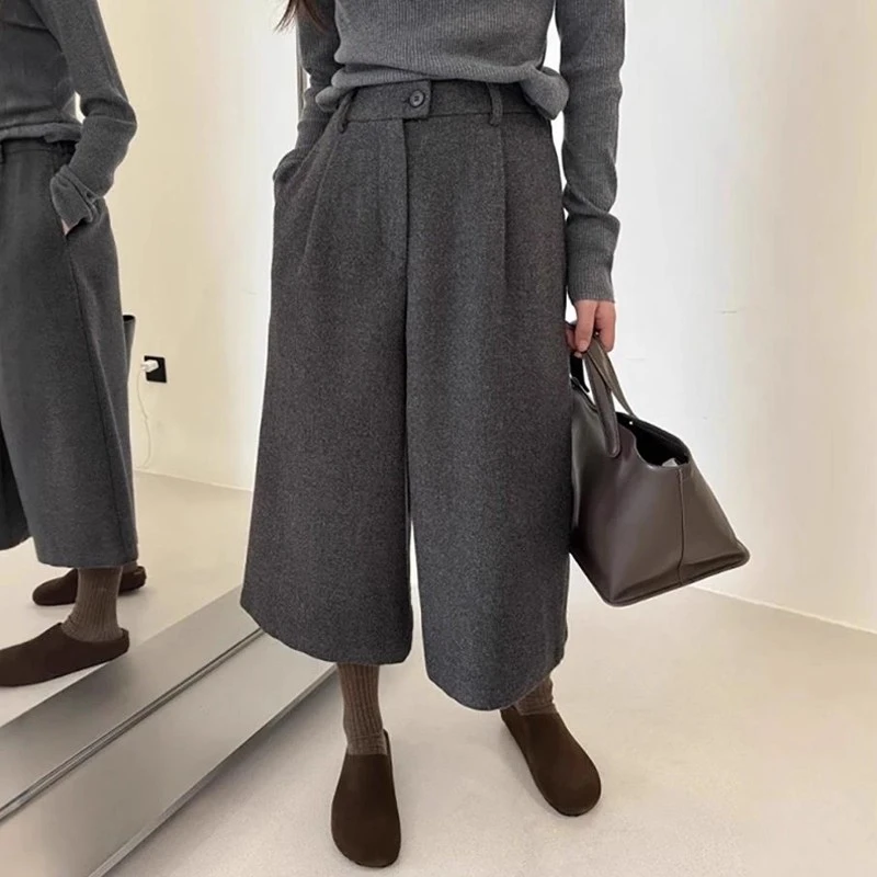 老钱风裤子女秋冬毛呢加厚阔腿裤大码胖mm高腰直筒宽松显瘦七分裤