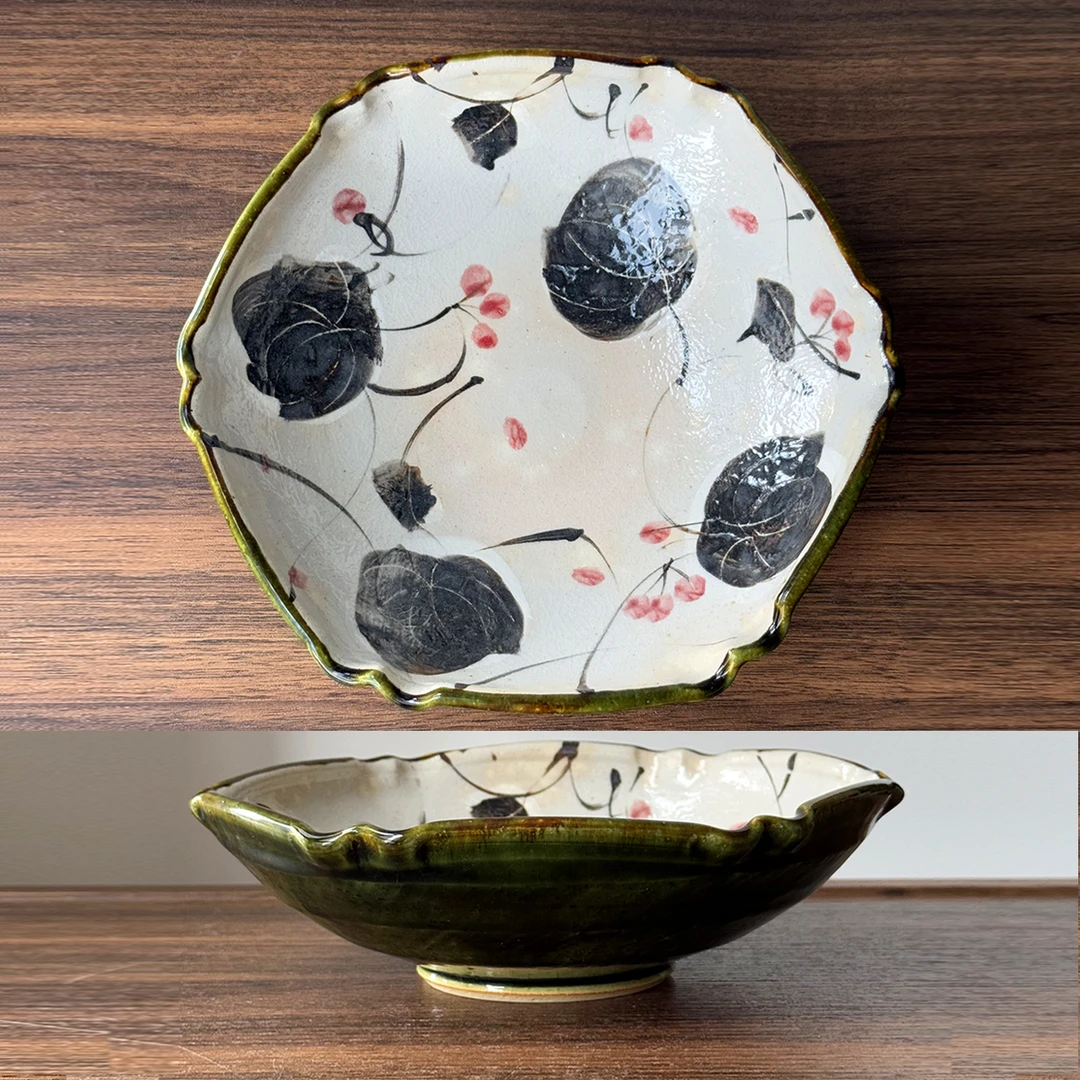 日本进口盘子织部山归来六角钵创意陶瓷手绘日式异形釉下彩菜盘