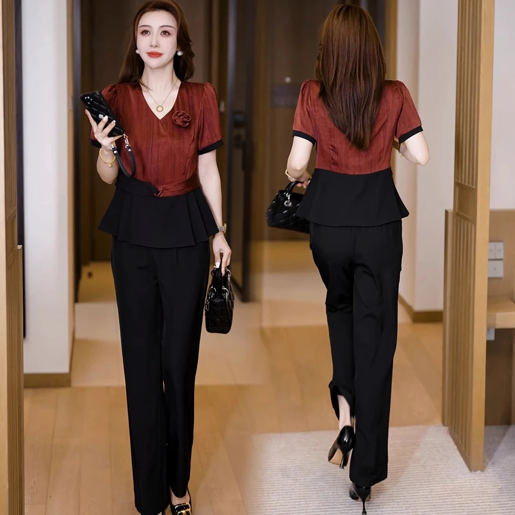 时尚套装女夏季新款洋气质减龄显瘦V领短袖上衣高腰阔腿裤两件套