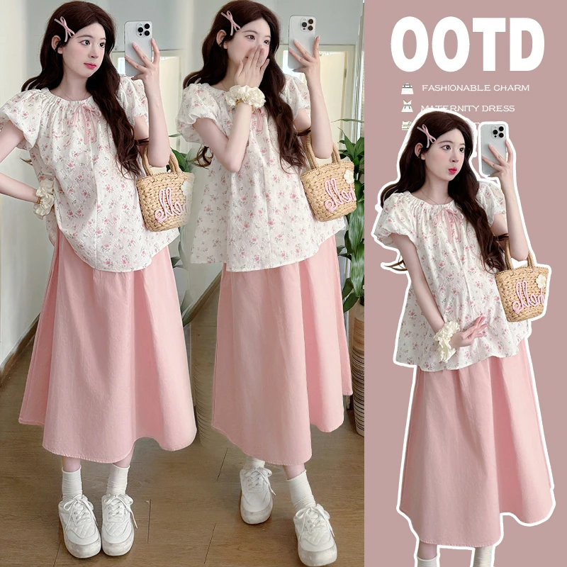孕妇装夏季甜美碎花别致穿搭文艺 上衣+猪鼻扣宽松 半身裙两件套