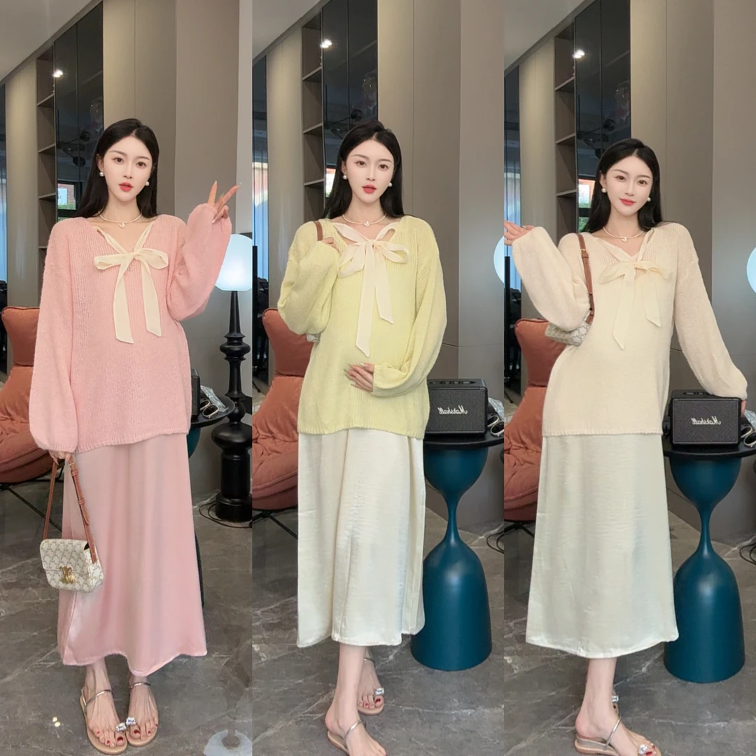 气质甜美孕妇装秋季套装新款韩版针织孕妇长袖上衣宽松吊带连衣裙