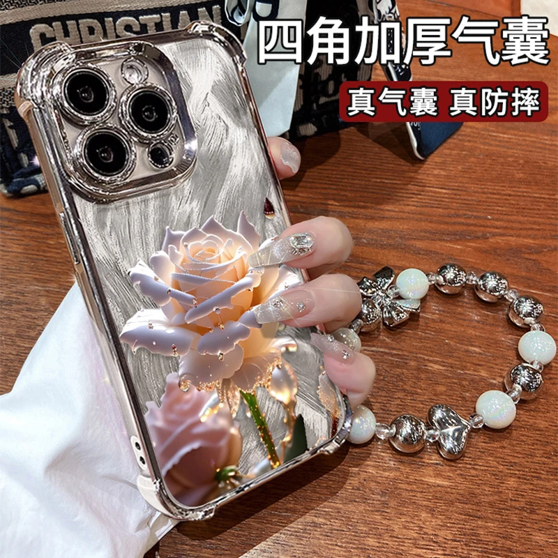 网红同款15pro手机壳iphone14水晶玫瑰手链12电镀四角气囊11透明X