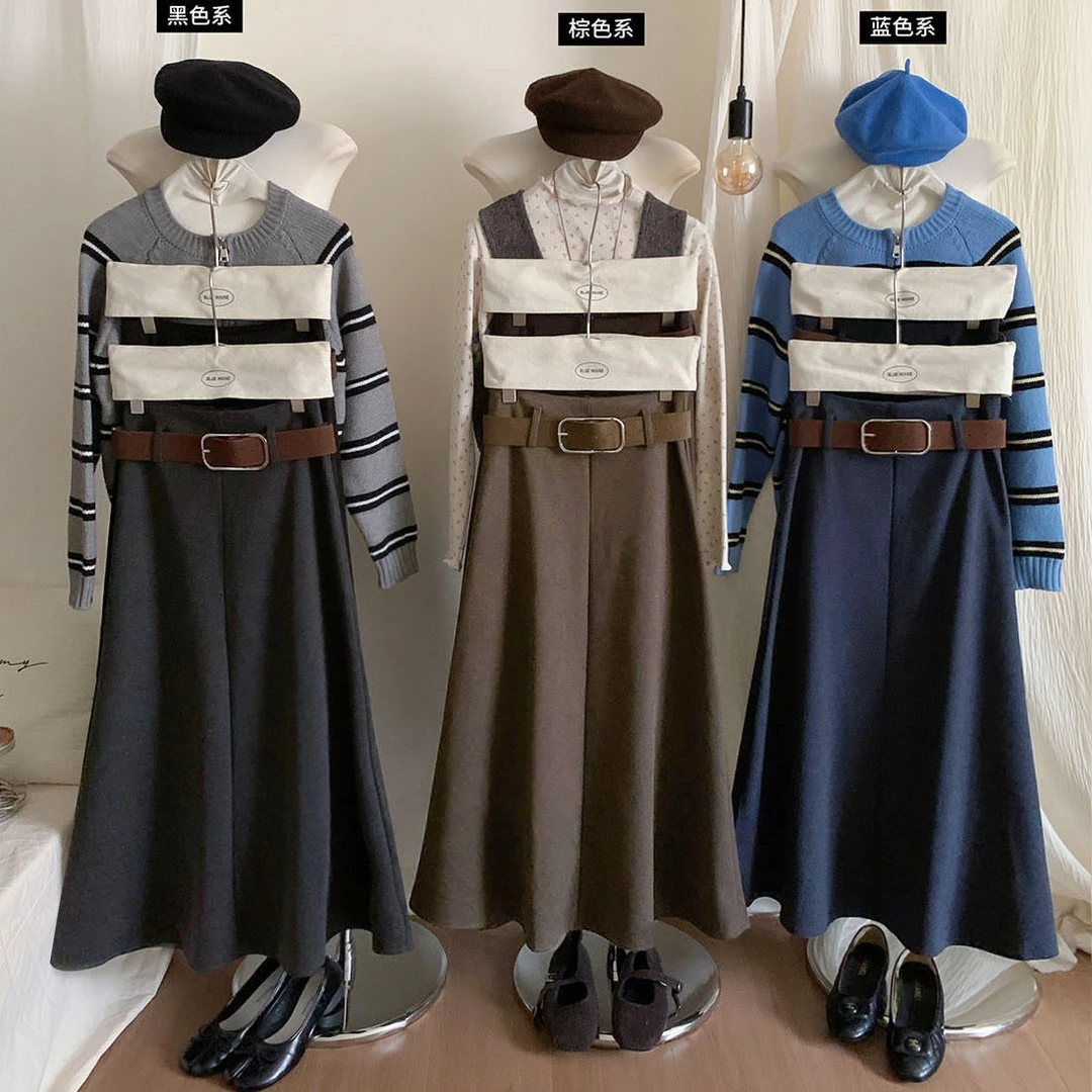 法式高级小众毛呢料A字半身裙女秋冬宽腰带遮胯气质中长大摆裙