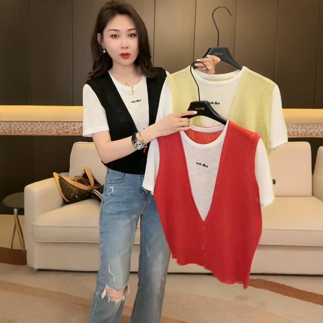 欧货假两件针织拼接T恤女设计字母刺绣短袖上衣减龄百搭薄款小衫