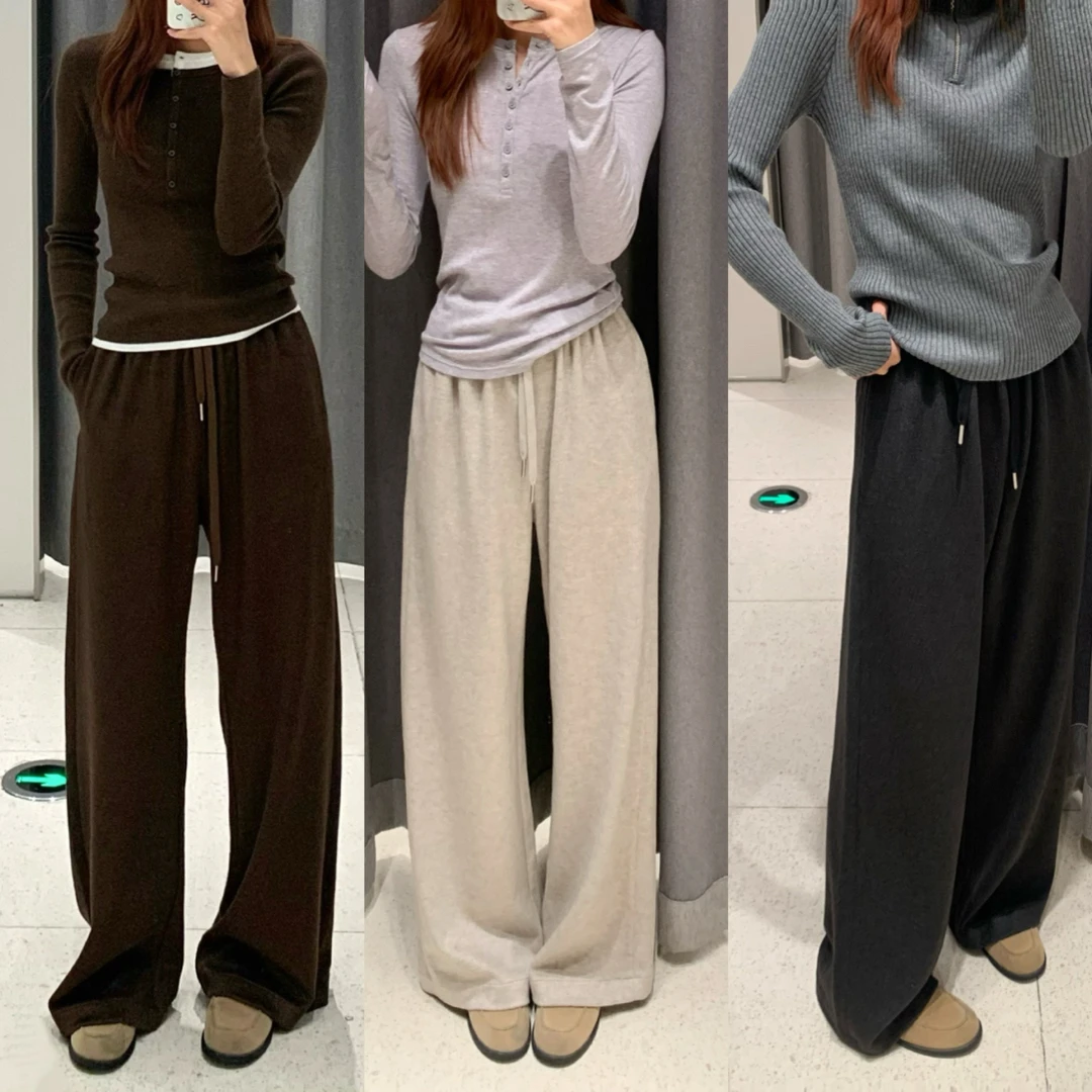 牦牛绒德绒糯米裤 复古风高腰垂感阔腿长裤女秋冬季显瘦宽松休闲