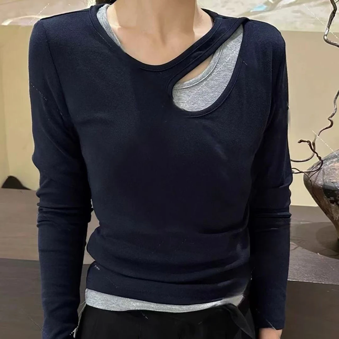 欧货轻熟镂空假两件长袖2025早秋新款设计感修身女人衫