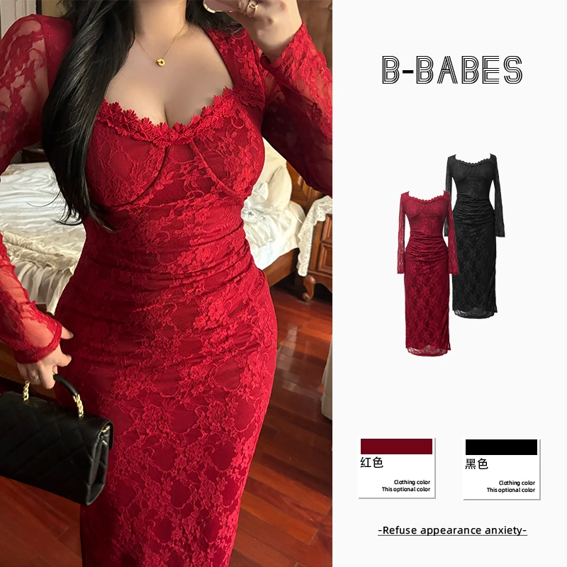 B-babes【忘情印】秋冬长袖蕾丝加绒连衣裙微胖修身显瘦气质长裙