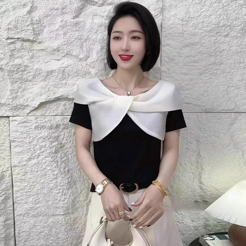 法式气质短袖T恤女2025夏季新款洋气显瘦减龄拼色蝴蝶结体恤上衣
