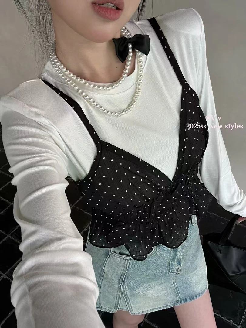 2025早春韩系套头长袖打底波点吊带背心两件套套装