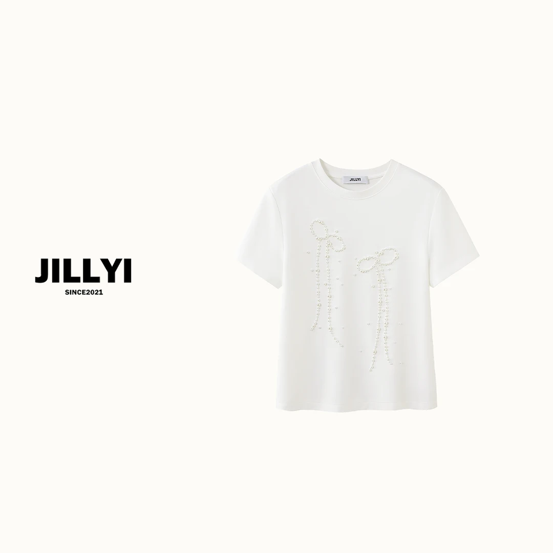 JILLYI【蝴蝶T】两色手工珍珠蝴蝶短袖T恤时尚休闲百搭夏季圆领