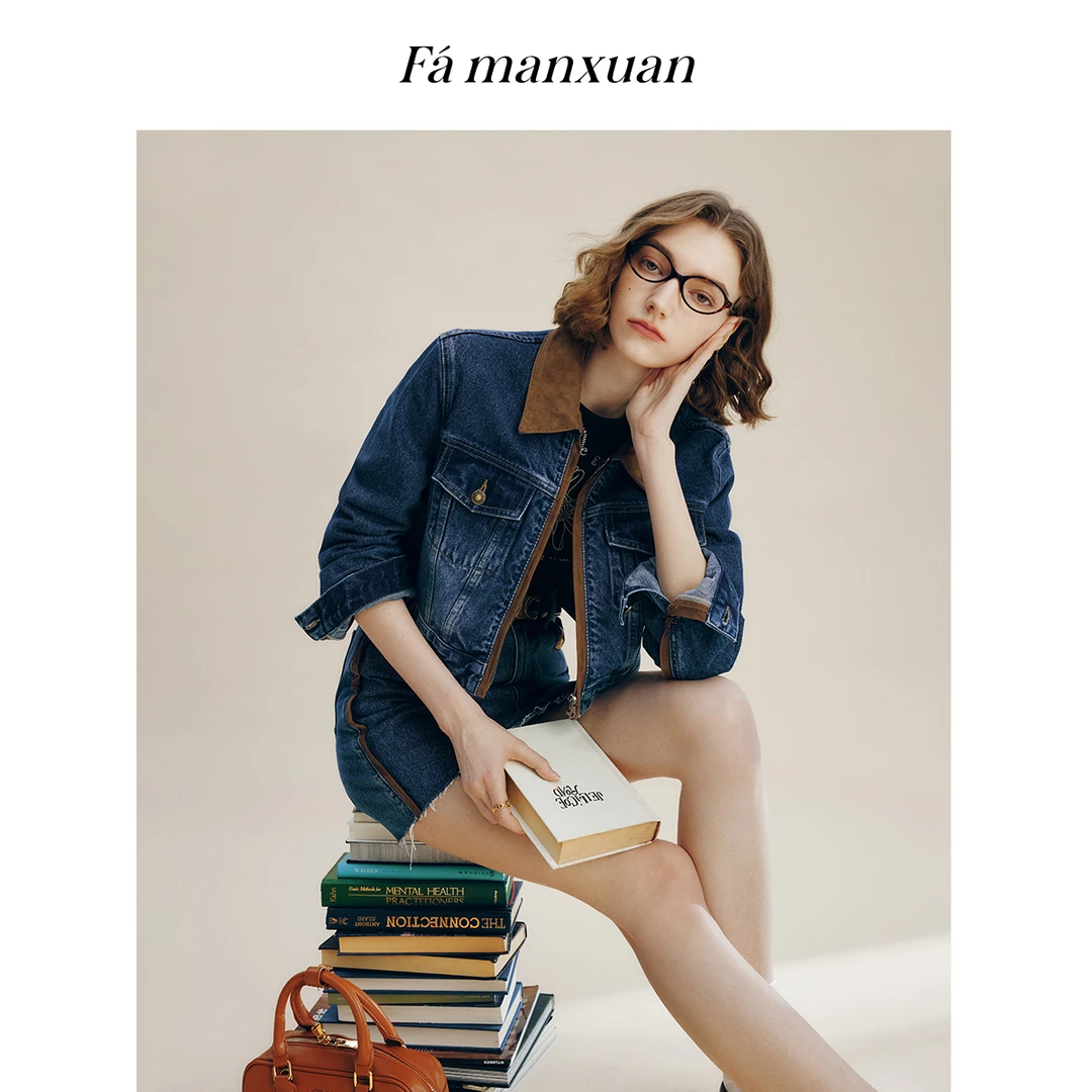 法曼萱麂皮拼接复古短款长绒棉牛仔外套女2025秋季新款小个子上衣