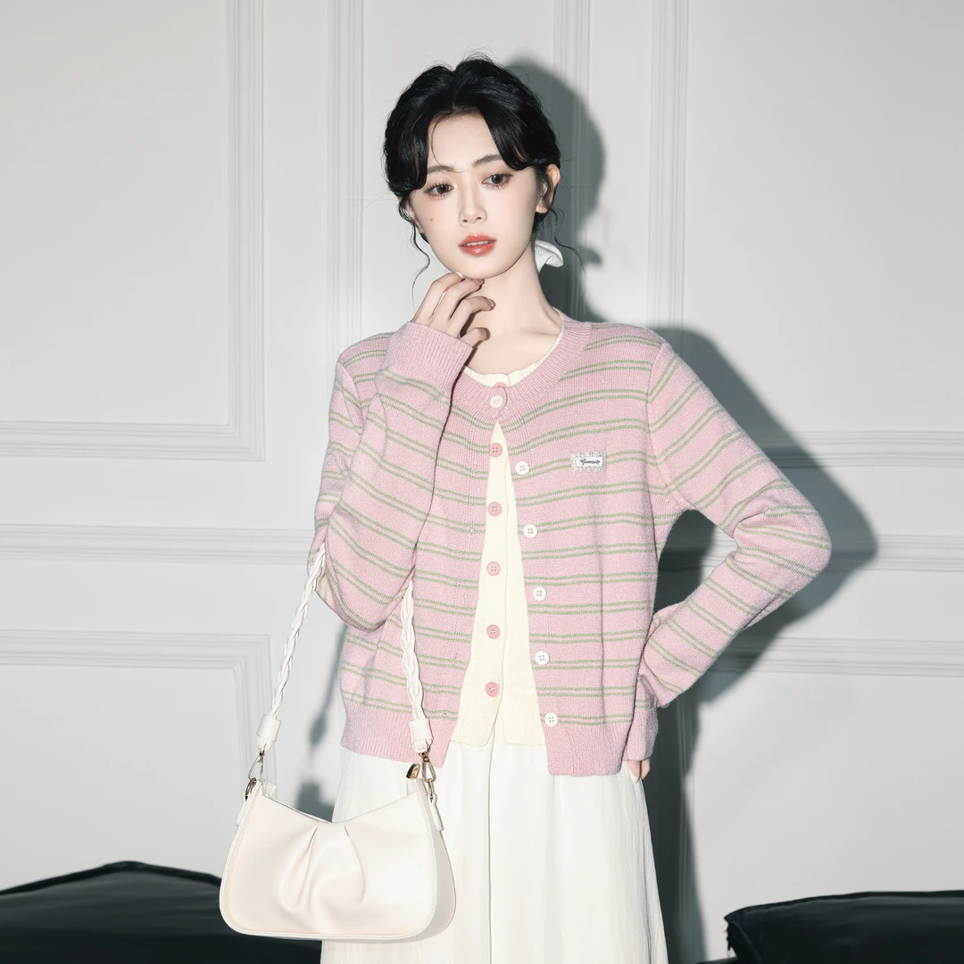 粉色条纹假两件针织开衫女春秋2025秋新款撞色圆领毛衣外套短上衣