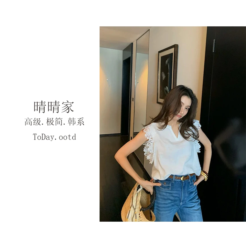 晴晴家-【冷萃茉莉】韩系夏季时尚休闲V领勾花镂空轻熟风衬衫1067