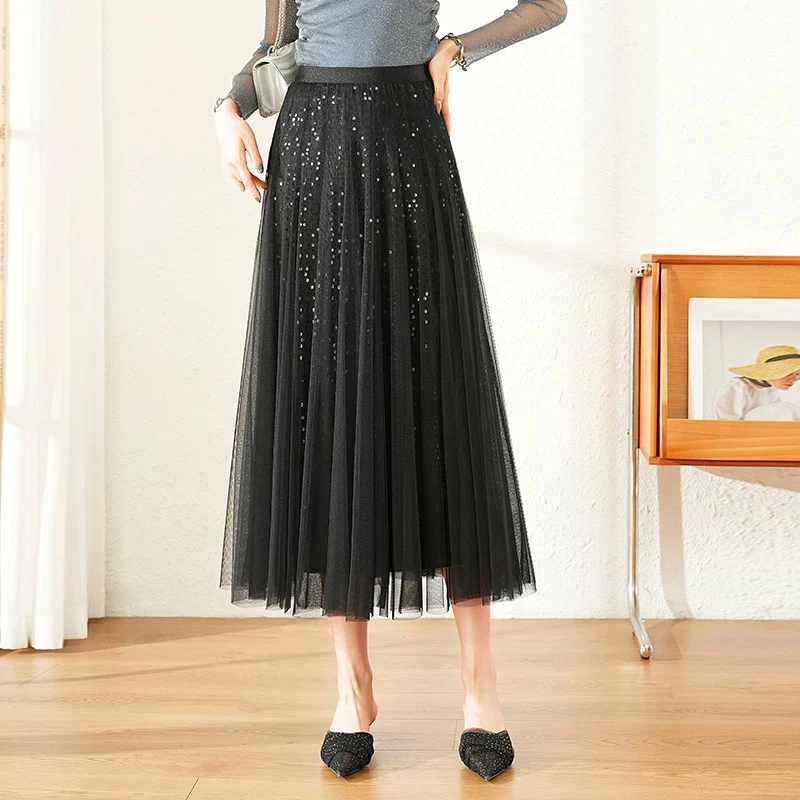 2025新款春夏百搭亮片网纱中长款高腰显瘦A字半身裙夏季黑色韩版