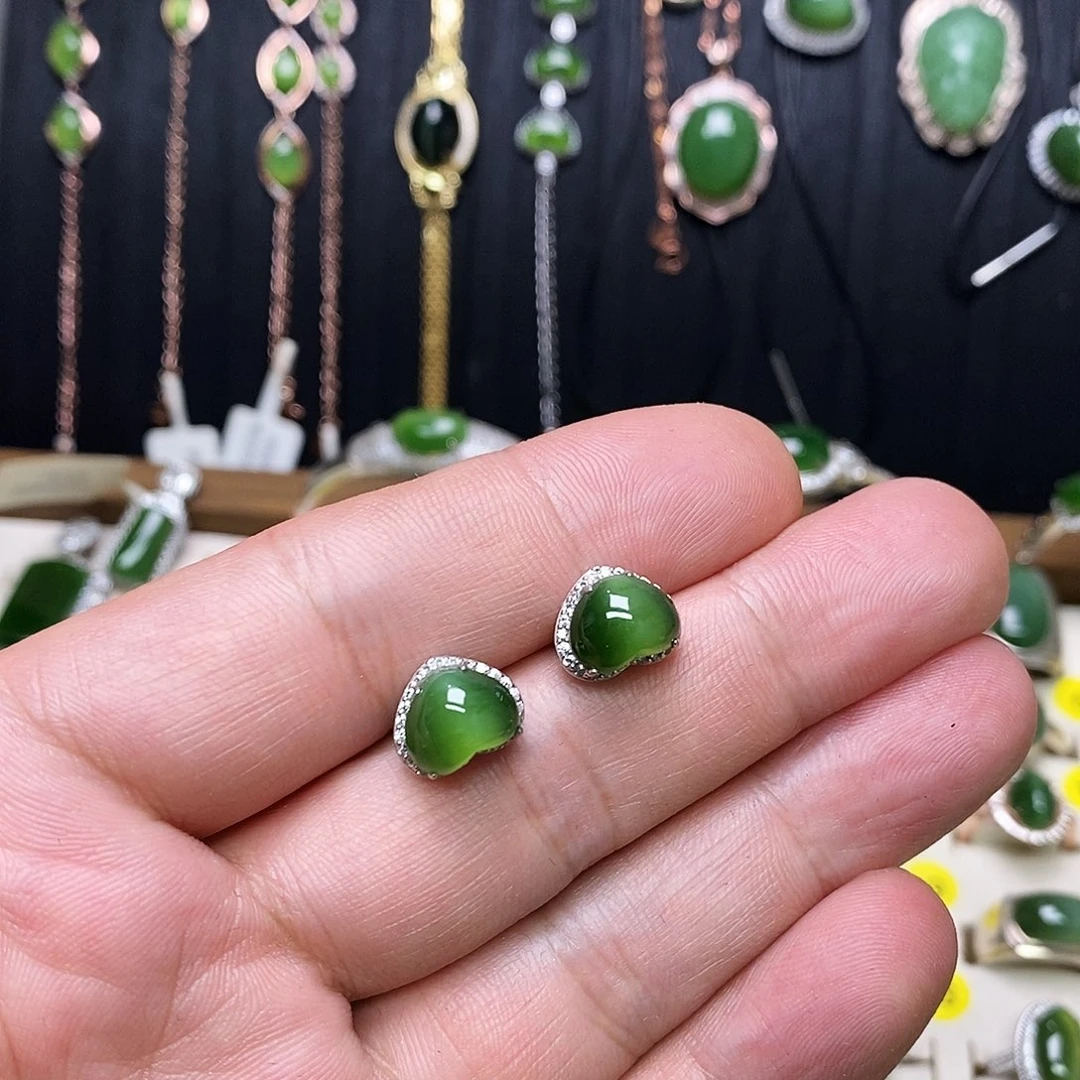 和田玉（碧玉）银S925镶嵌耳饰