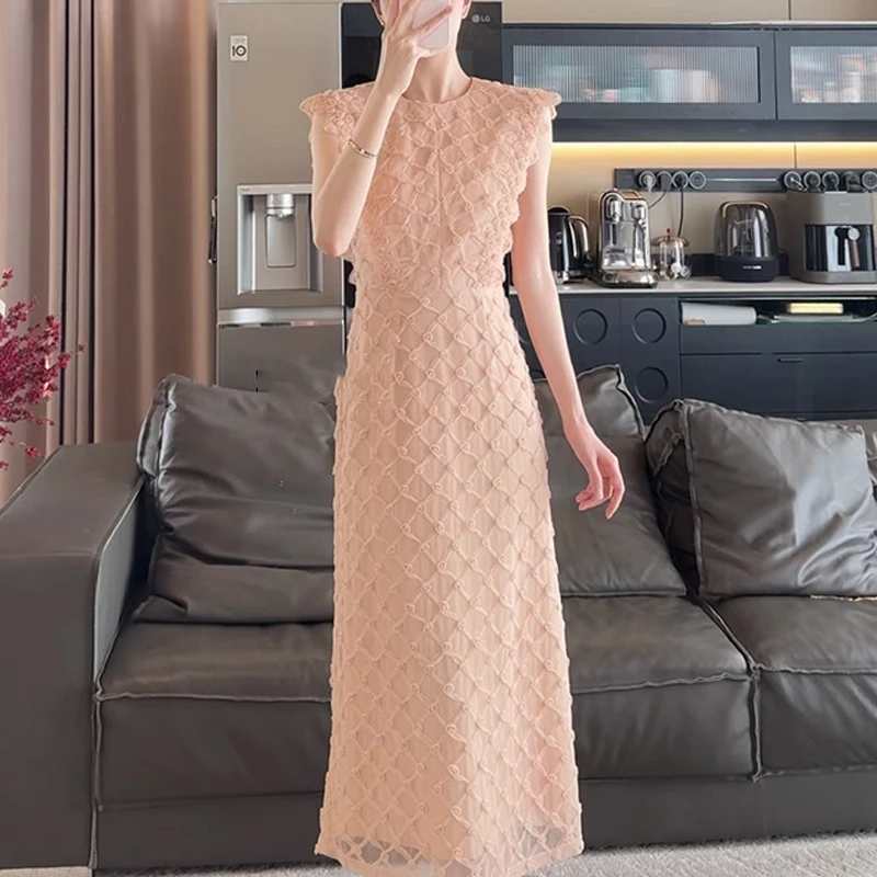 【玫瑰纱】气质款轻奢裸粉色连衣裙女2025年夏季新款法式高腰中长