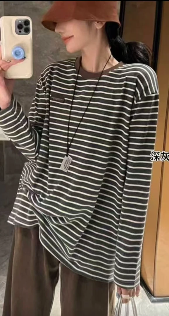 条纹女常规款长袖圆领T恤洋气套头打底衫休闲韩版