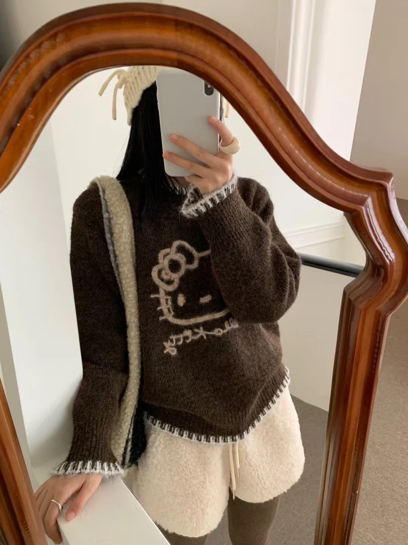 美拉德复古卡通刺绣kt猫毛衣女秋冬新款宽松慵懒风针织衫上衣厚