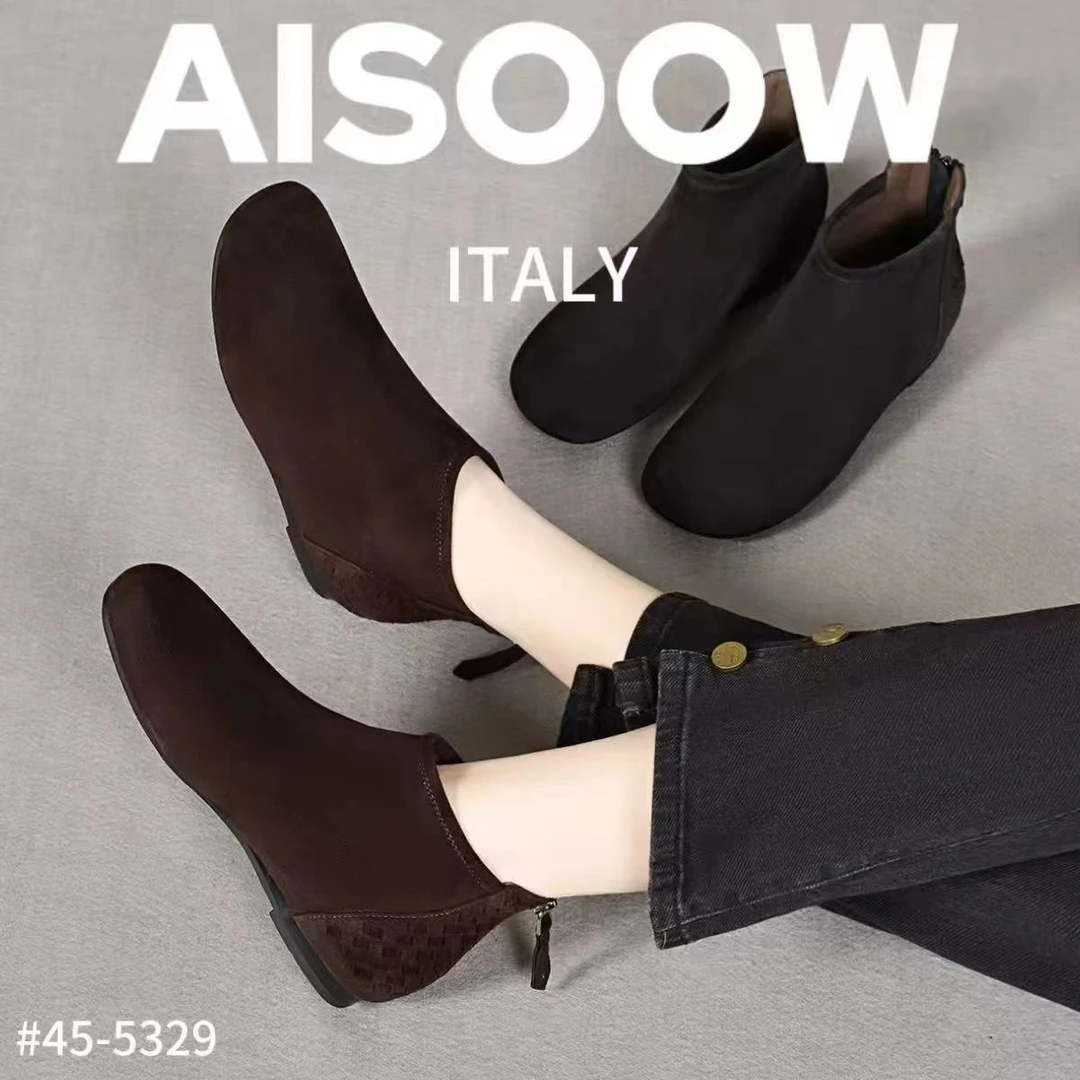 单靴女靴轻职风平跟短靴秋季低跟后拉链