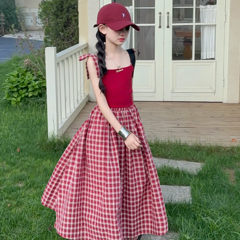 女童夏季背心套装吊带韩版时尚格子中大童半身裙休闲风洋气时尚潮