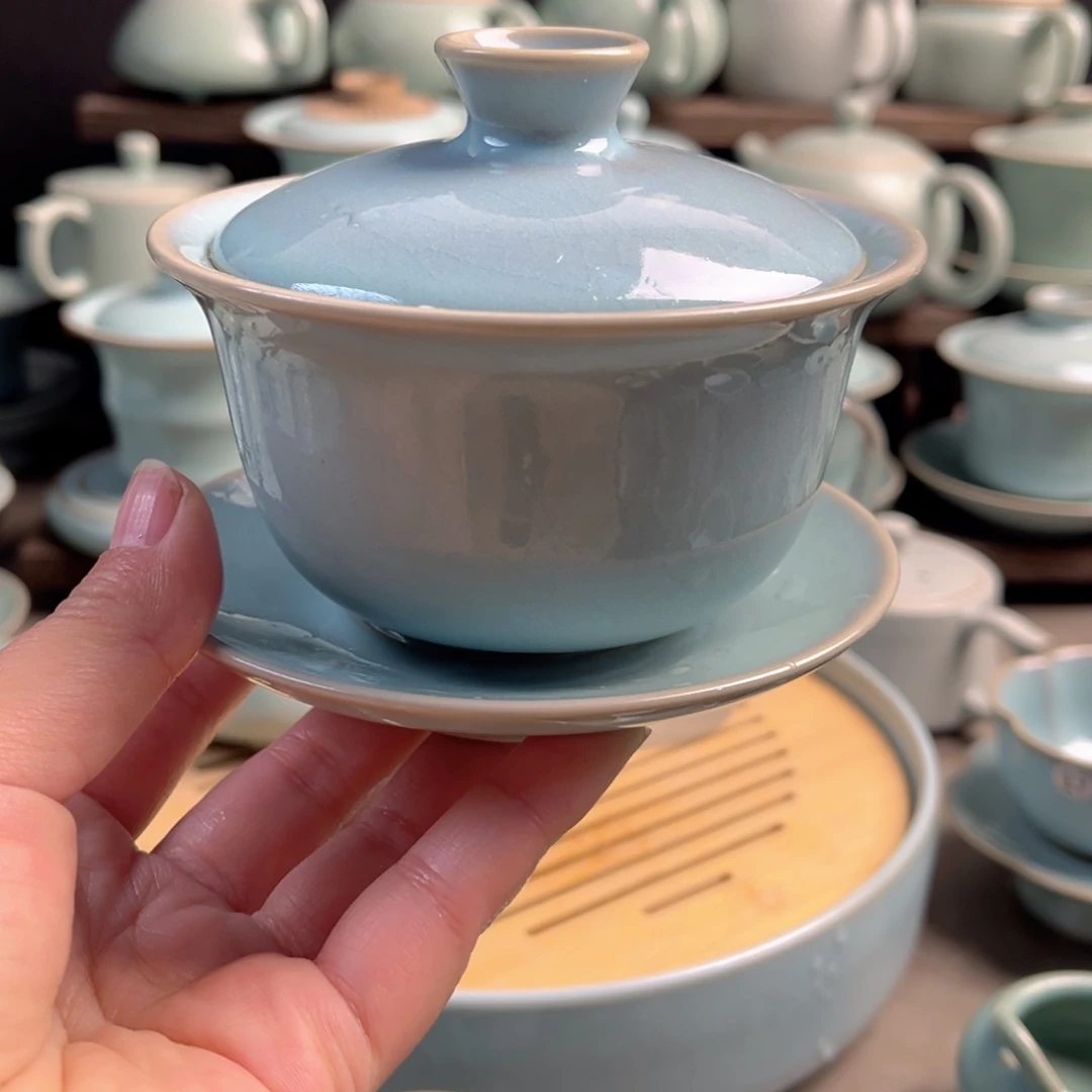 陶摆件瓷天青釉三才元宝盖碗原矿