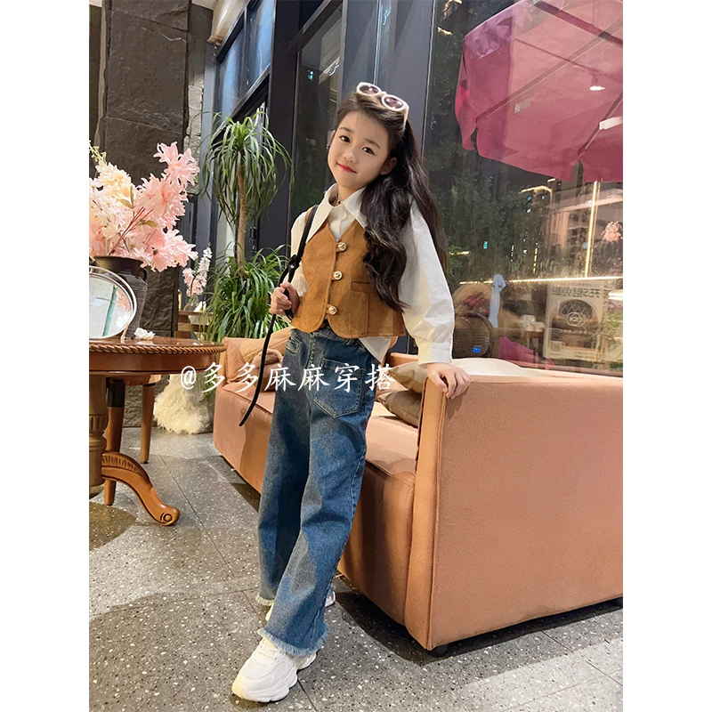 秋季新款女童港风系女童马甲衬衫两件套23758#