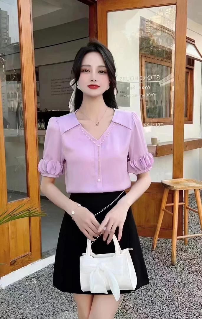 3612*【衣长约60】显瘦气质洋气时尚夏季小众泡泡袖设计感衬衫