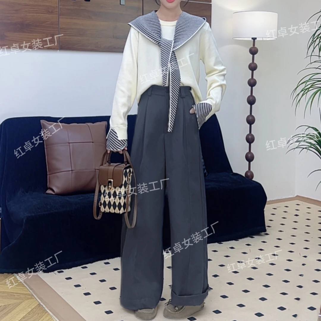 秋冬新款立体剪裁长裤高腰显瘦休闲直筒弯刀裤时尚百搭