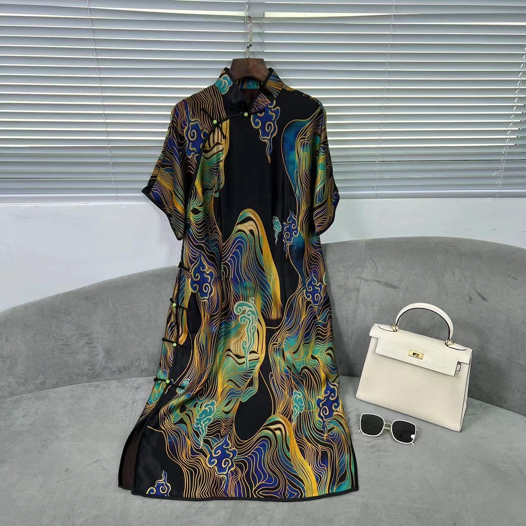 花满林小立领斜门襟吴绫连衣裙6963