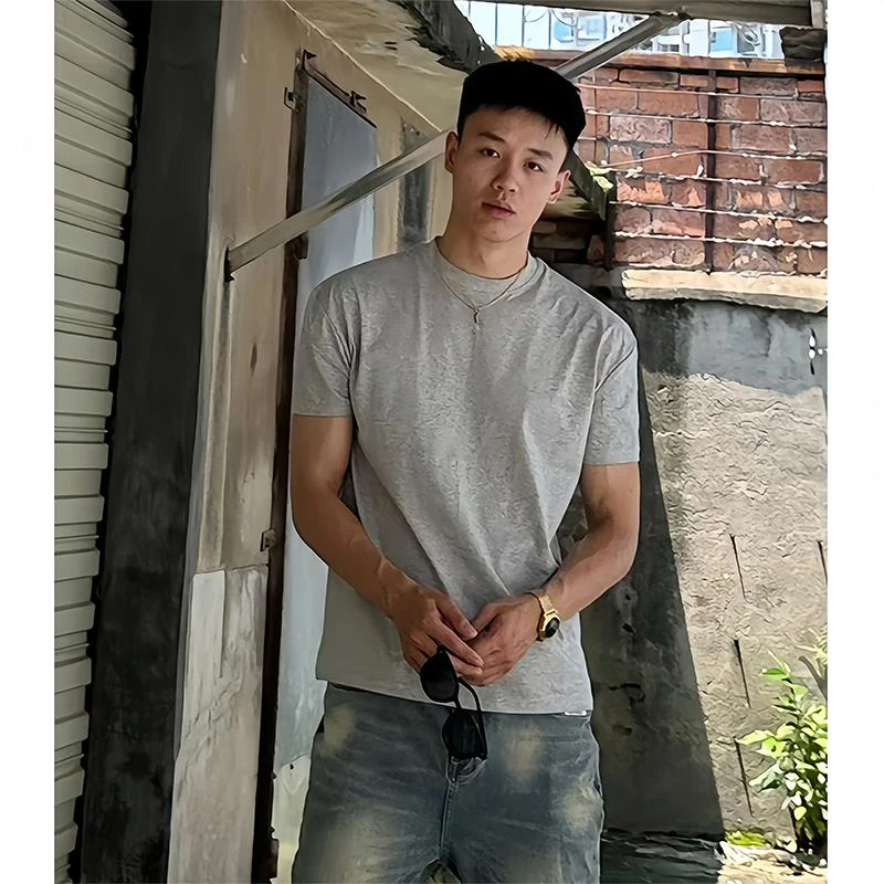 【JRXR男装】花灰色美式重磅小领口正肩恤男夏季显肌肉显壮短袖弹