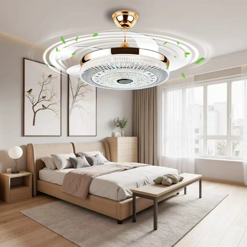 7139 水晶蓝牙音响款遥控智能语音隐形风扇灯吊扇灯家用餐厅卧室