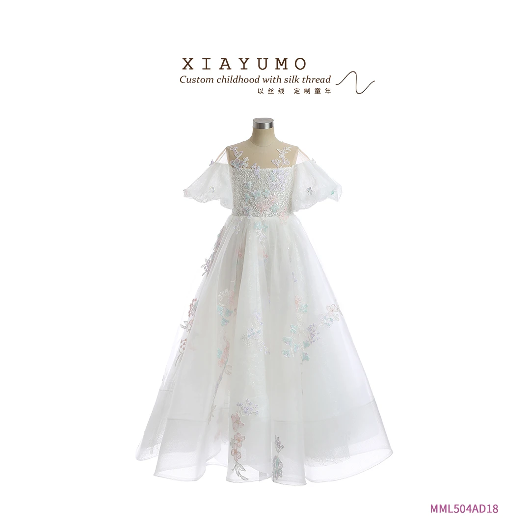 夏羽墨女童夏季新款白色重工一字肩走秀花童蓬蓬纱生日礼服裙