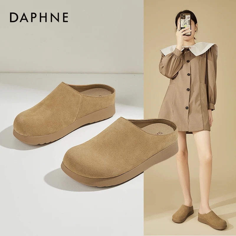 达芙妮简约时尚圆头拖鞋女新款夏季款韩版懒人一脚蹬平跟勃肯鞋