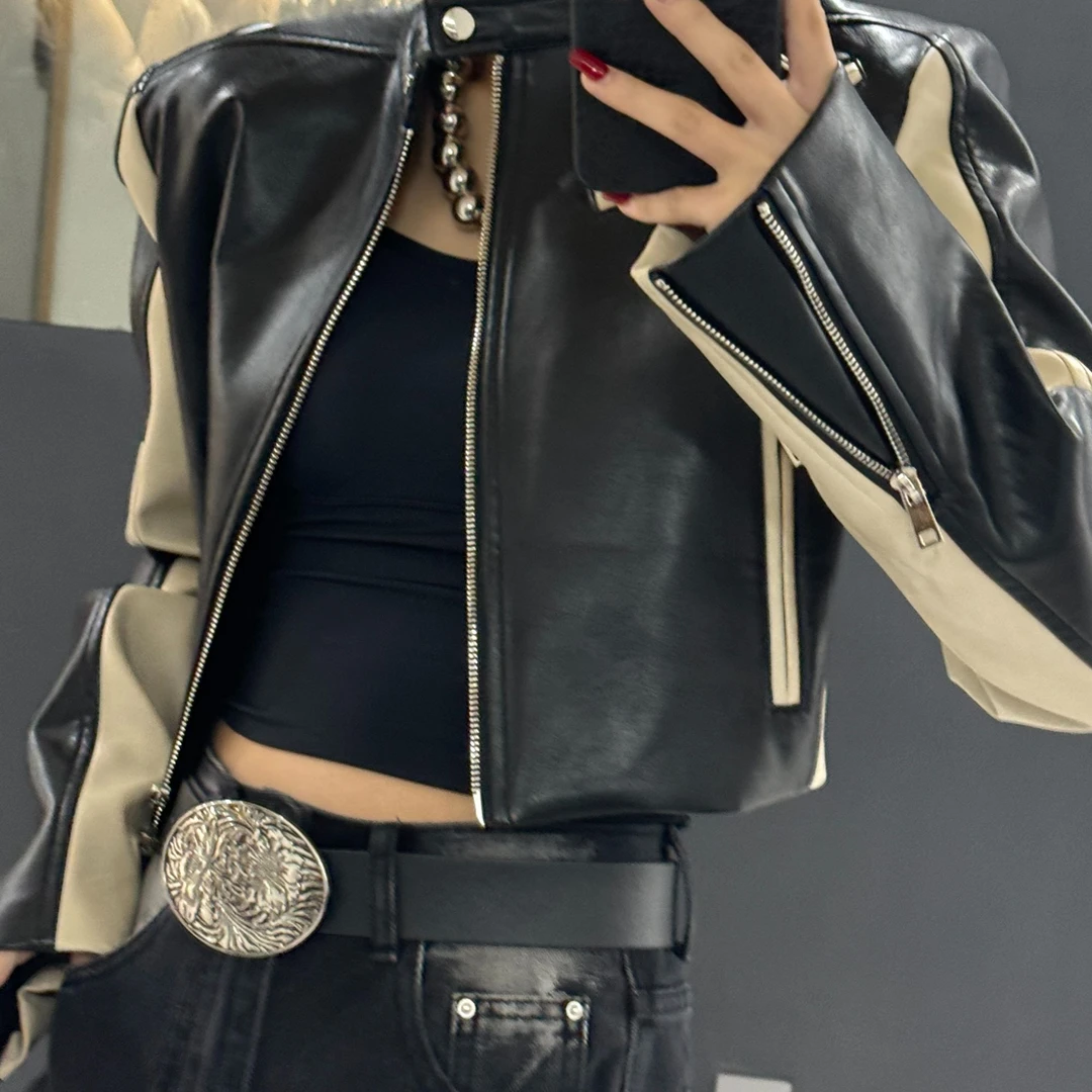 娱娱女装春装新款时尚洋气个性拼皮皮衣外套