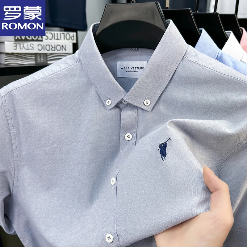 罗蒙纯棉亲肤短袖衬衫男士夏季薄款纯色刺绣翻领衬衣时尚休闲男装