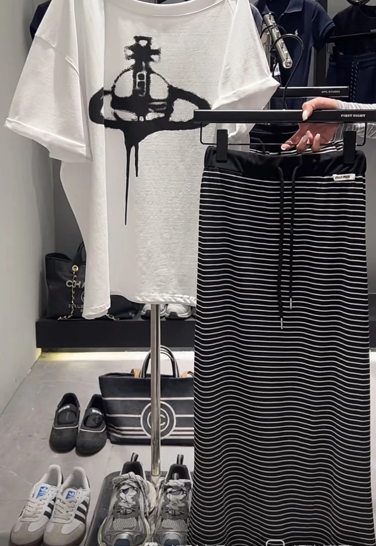 初见家【条纹抽绳松紧腰半身长裙】2025夏款显瘦百搭中长裙小个子